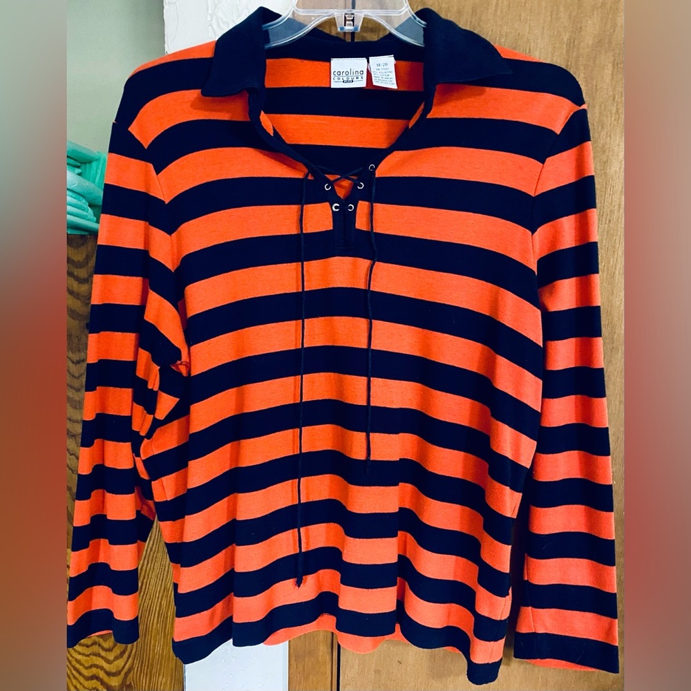 Women’s Pullover Striped Navy/Orange w/Lace Up Option Size 18/20